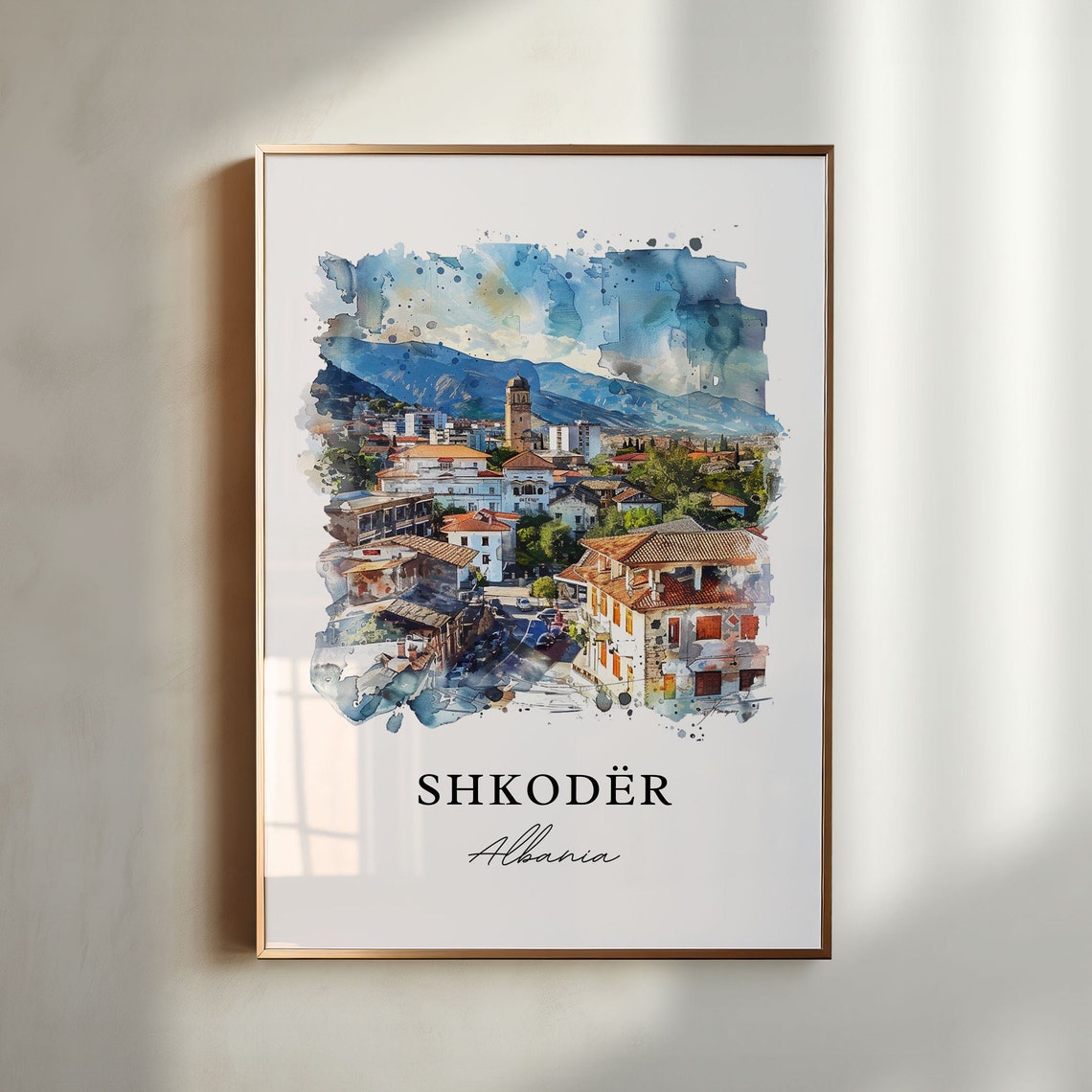 Shkoder Albania Castle Hill Cityscape Watercolor Travel Poster