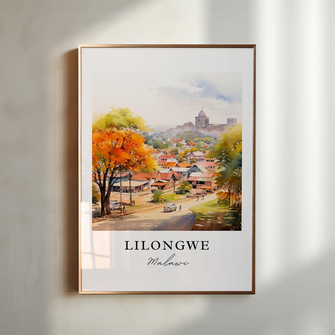 Lilongwe Malawi Watercolor Of City Street With Church On Hill Poster