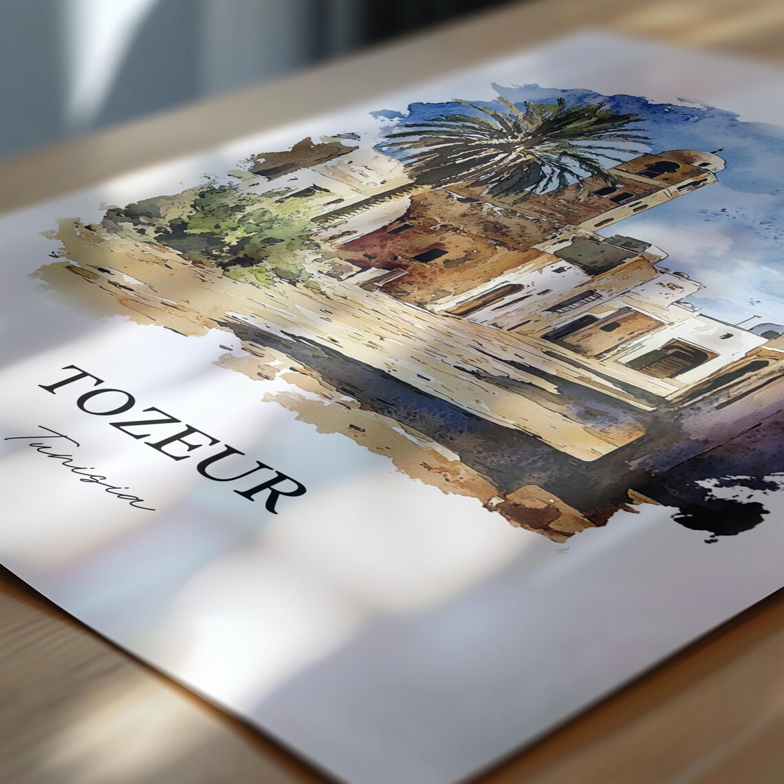 Tozeur Tunisia Old Desert Town Tower Palm Watercolor Travel Poster - Image 6