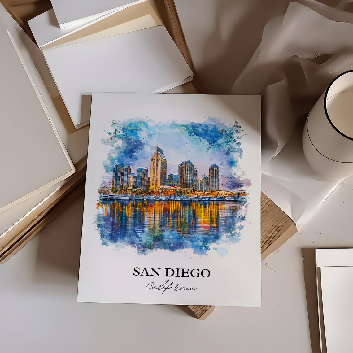San Diego California Harbor Skyline Reflection Watercolor Poster - Image 2