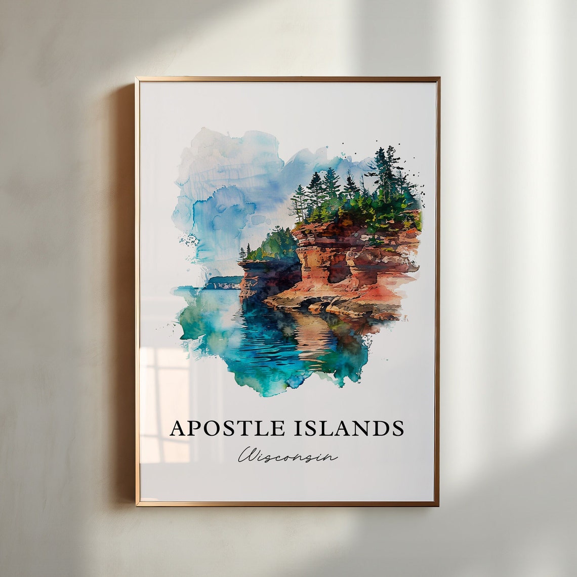 Apostle Islands Wisconsin Red Cliffs Lakeshore Watercolor Poster