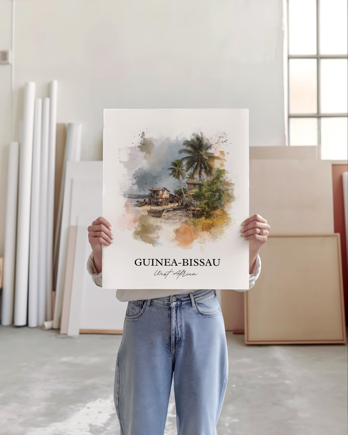 Guinea Bissau West Africa Coastal Fishing Village Watercolor Poster - Image 4