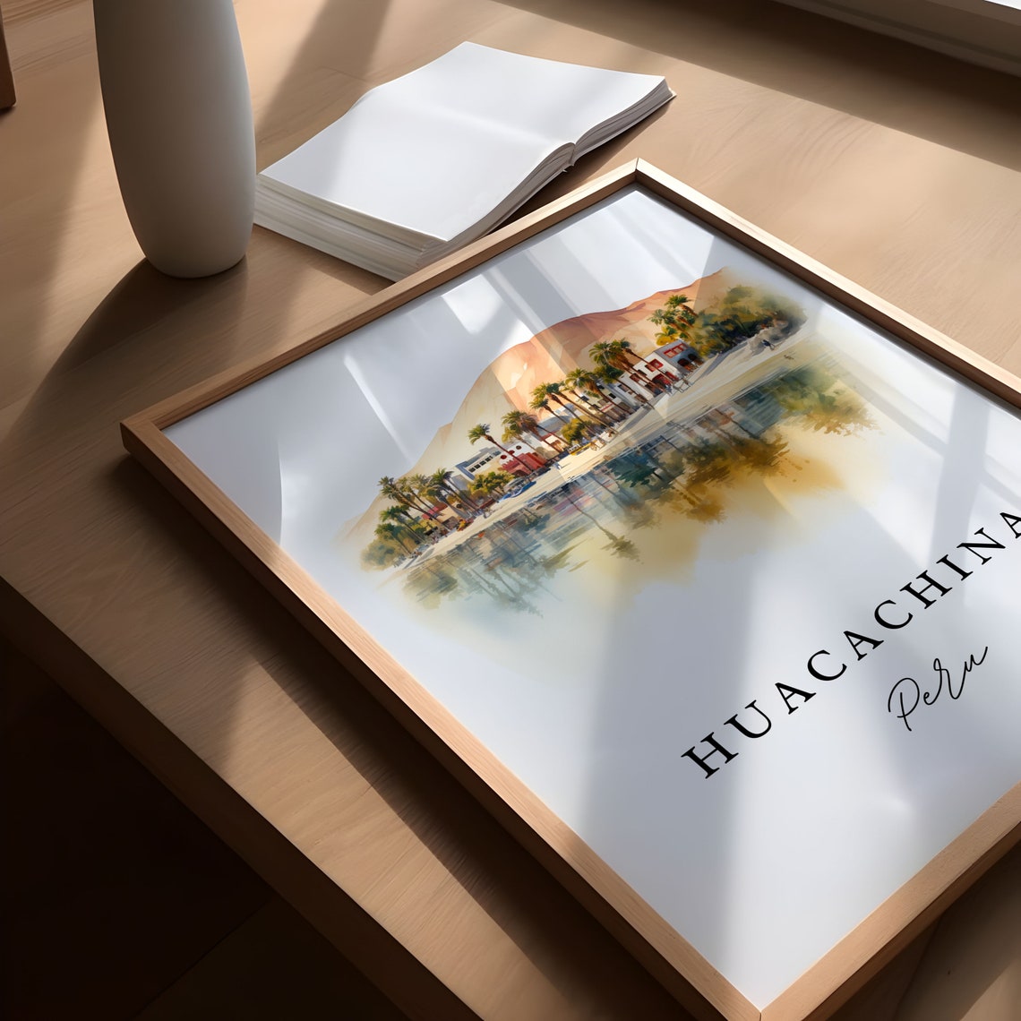 Huacachina Peru Desert Oasis Lagoon Palm Trees Watercolor Poster - Image 5