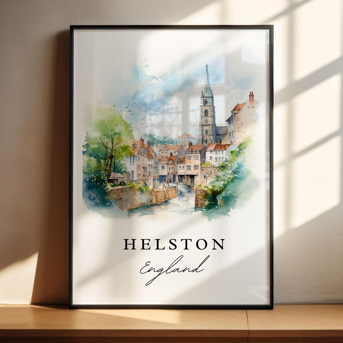 Helston England Riverside Church Spire Watercolor Town Scene Poster - Image 4