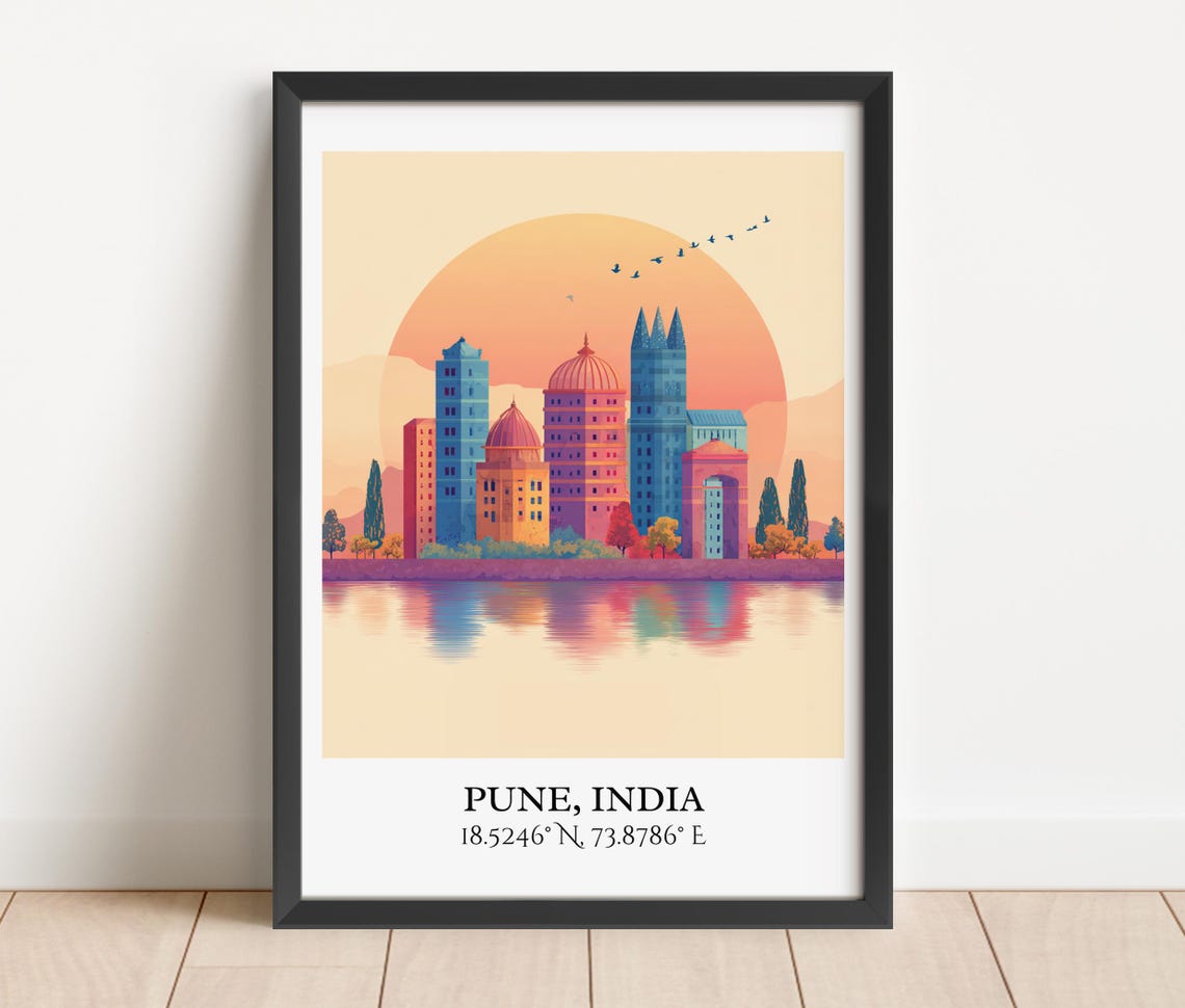 Pune India Sunset Skyline Water Reflection Colorful Travel Poster - Image 4