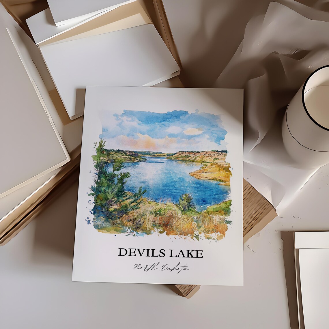 Devils Lake North Dakota Prairie Lake Watercolor Landscape Poster - Image 2