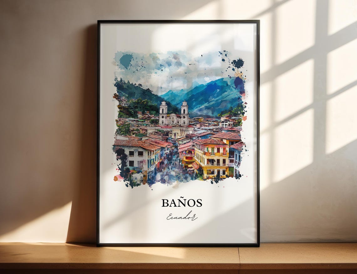 Banos Ecuador Watercolor Twin Tower Church Mountain Town Poster