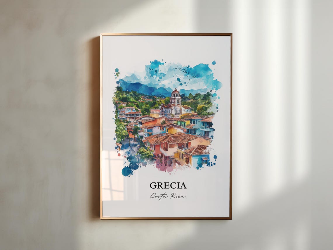 Grecia Costa Rica Watercolor Town Church Mountains Gift Poster - Image 3