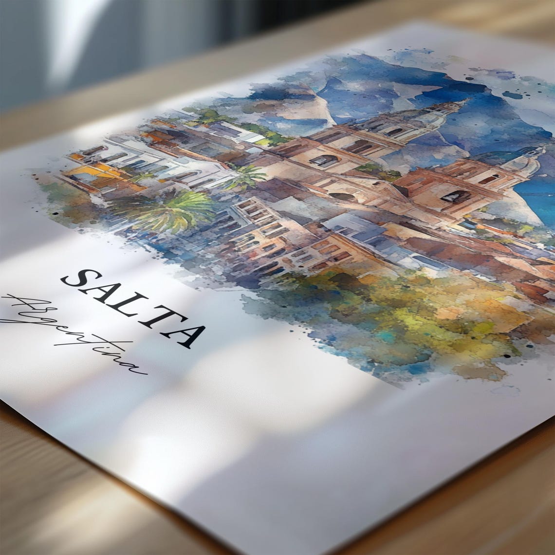Salta Argentina Watercolor Twin Tower Cathedral Mountain Poster - Image 3