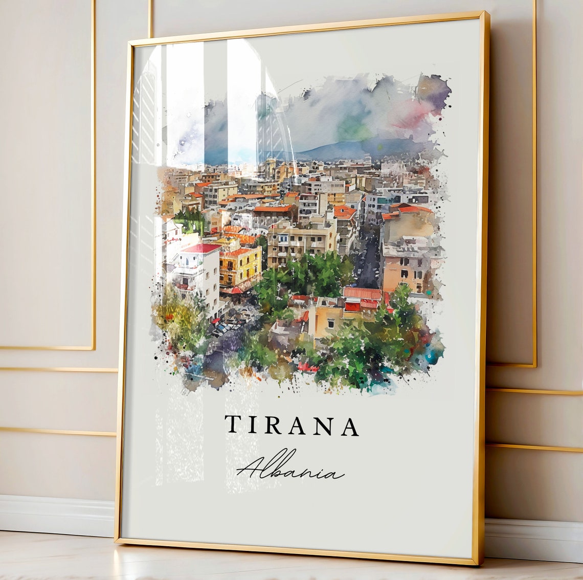 Tirana Albania Colorful Watercolor City View Travel Souvenir Poster - Image 4
