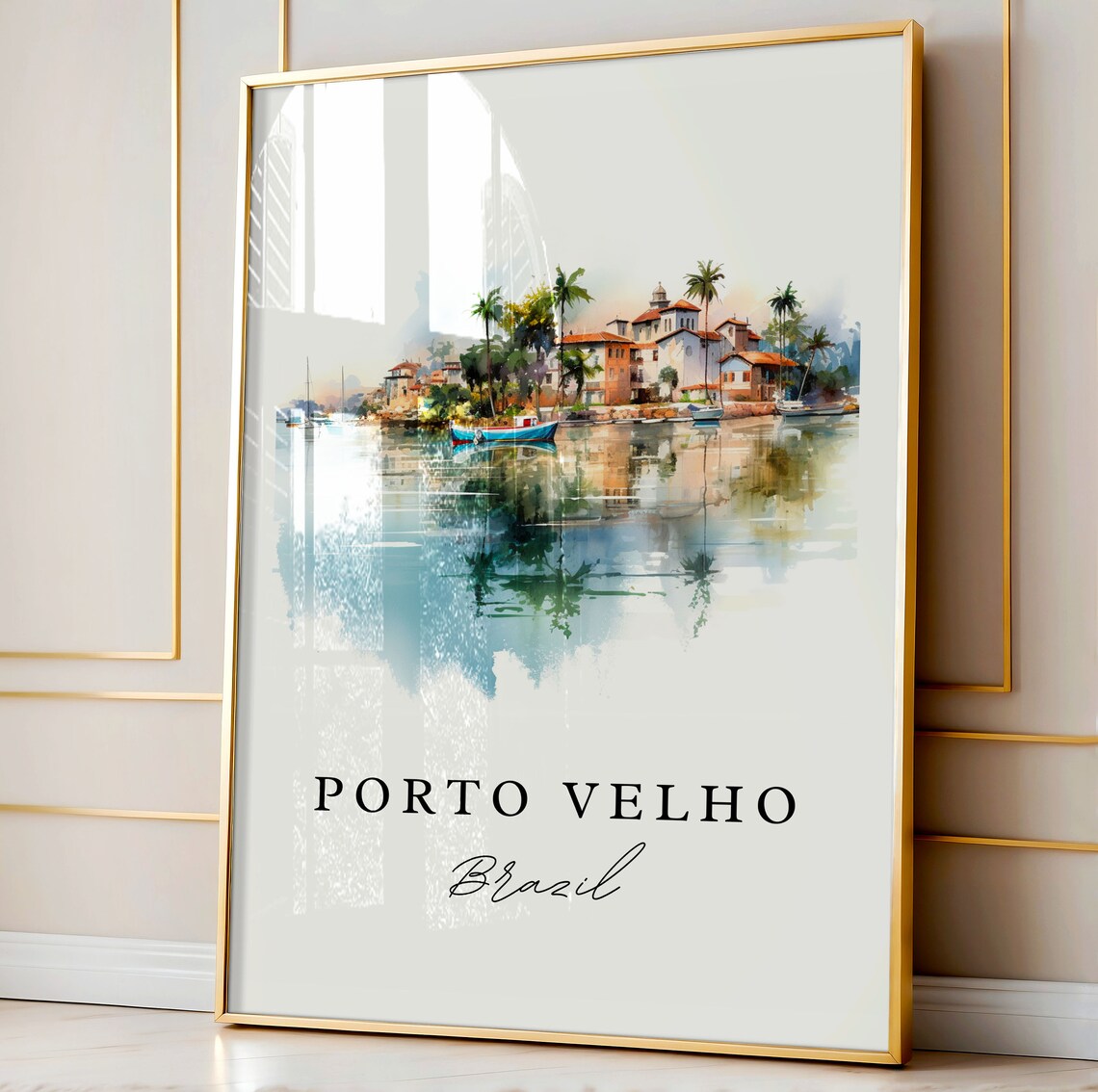 Porto Velho Brazil Riverside Town Palms Boats Watercolor Poster - Image 4