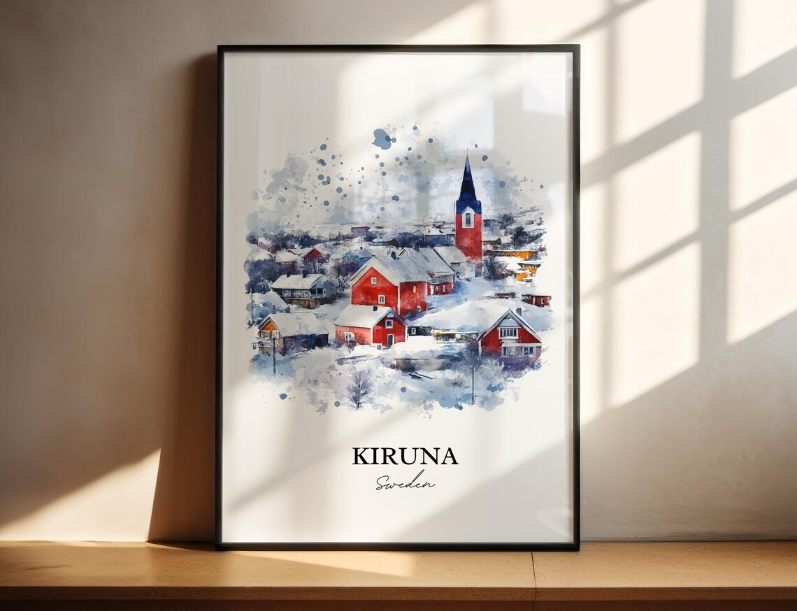 Kiruna Sweden Snowy Village Red Church Watercolor Winter Poster
