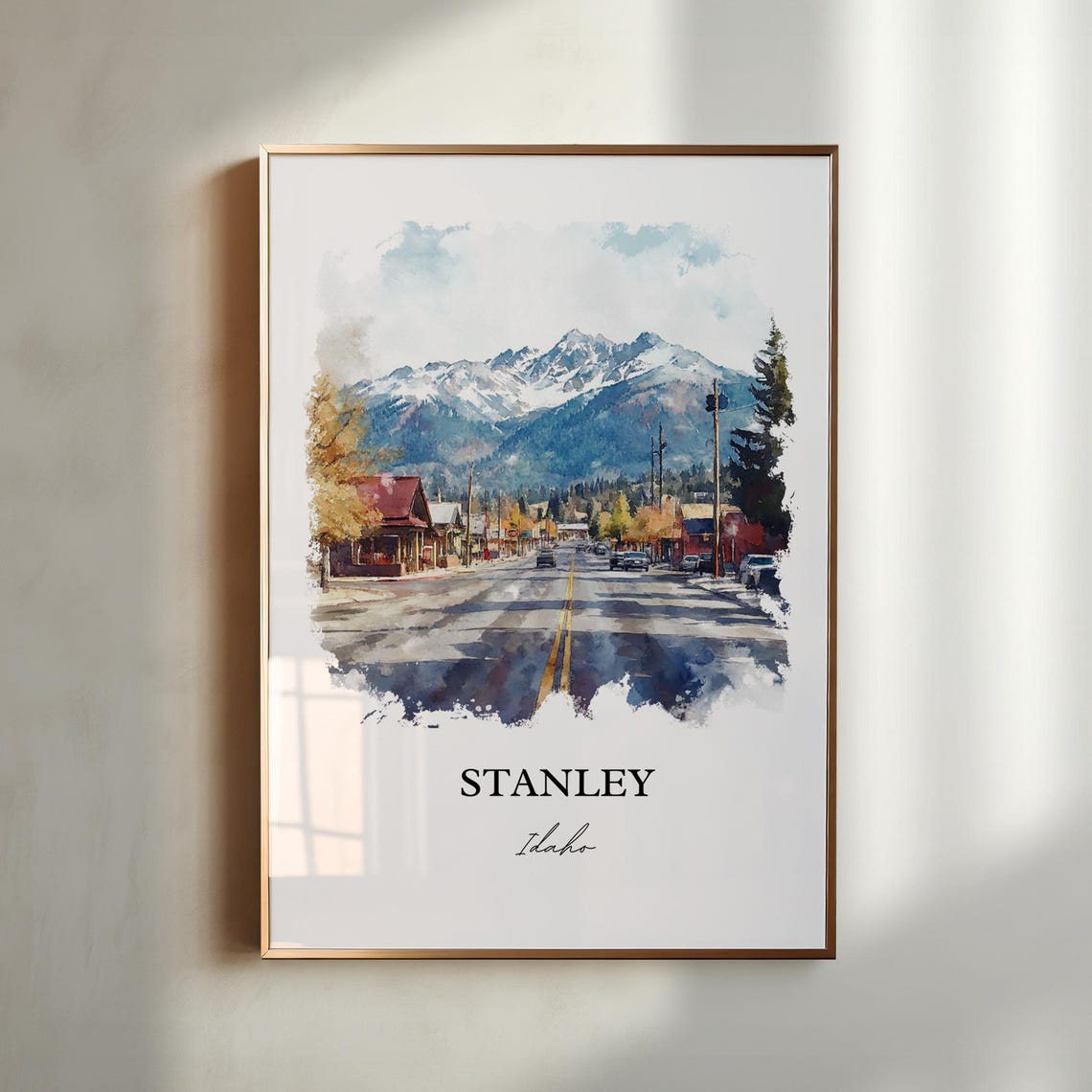 Stanley Idaho Main Street Sawtooth Mountains Watercolor Travel Poster