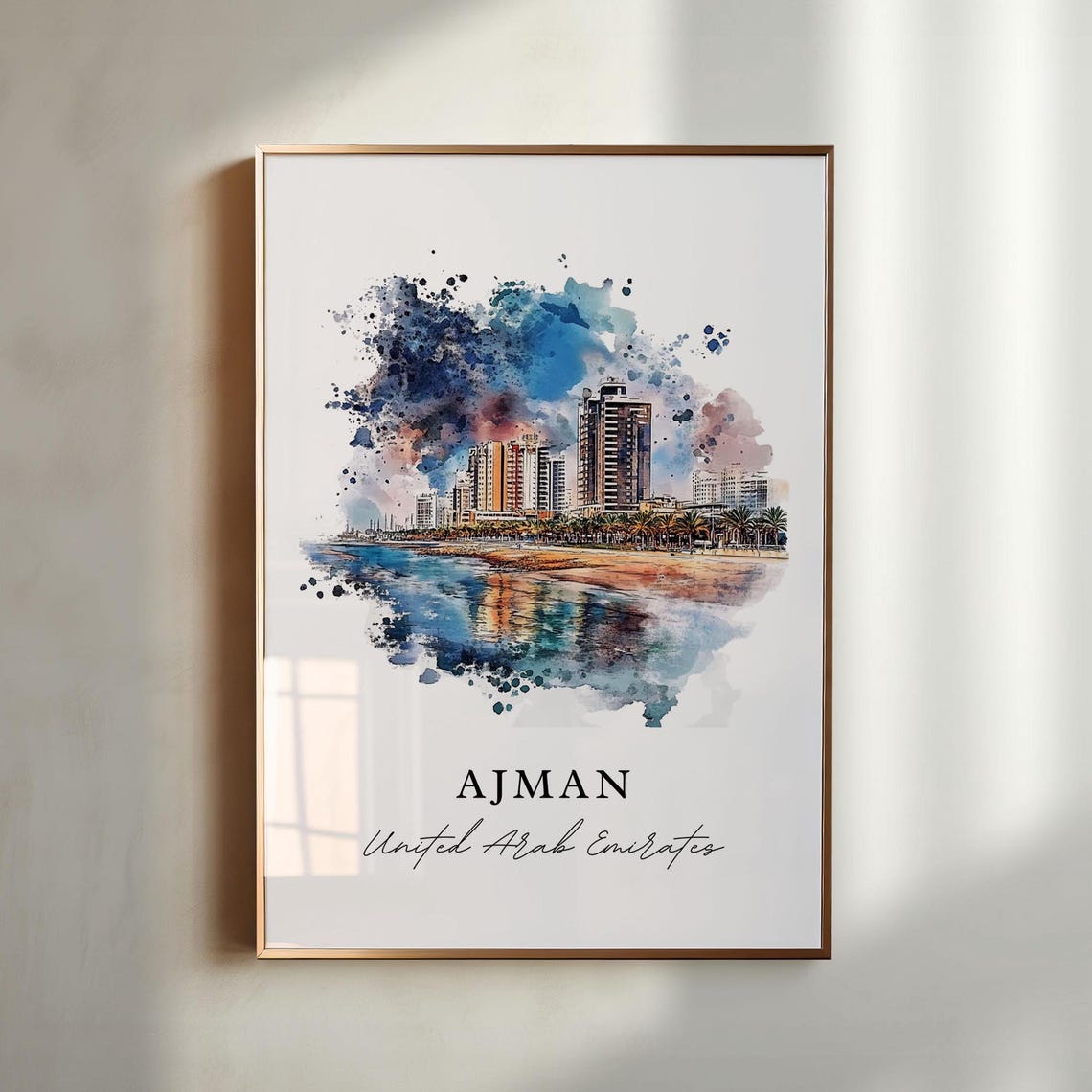 Ajman UAE Watercolor Beachfront Towers Splash Coast City Poster