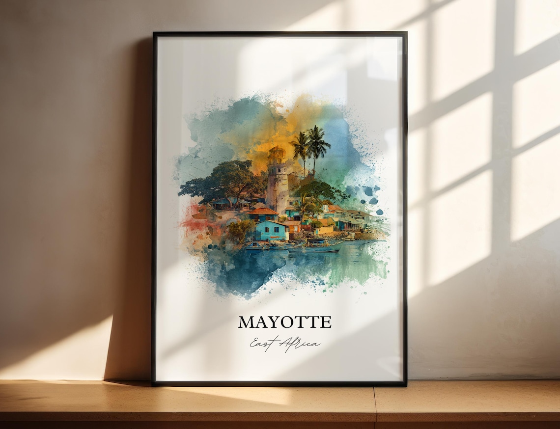 Mayotte East Africa Harbor Village Lighthouse Watercolor Poster