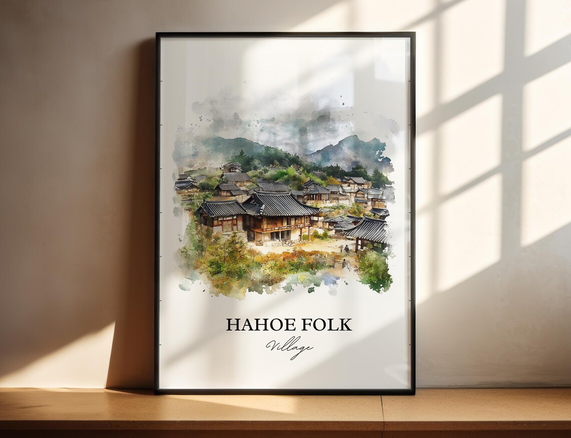 Hahoe Folk Village Watercolor Korean Hanok Houses Travel Poster