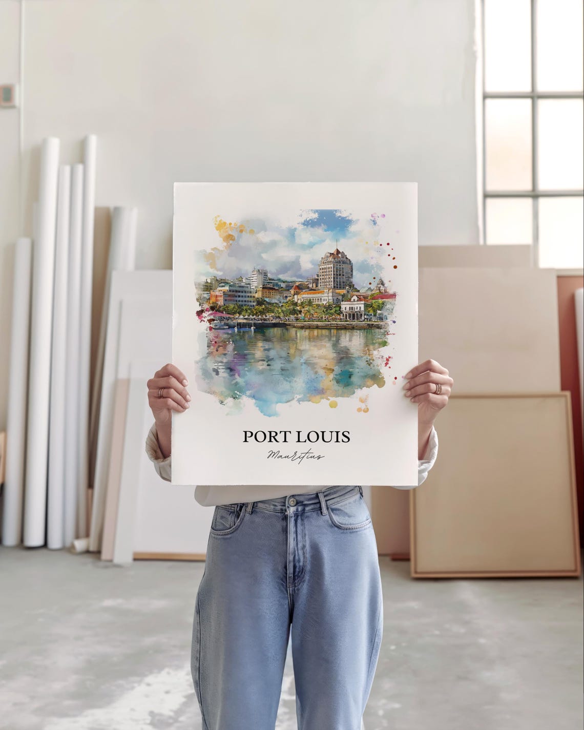 Port Louis Mauritius Harbor Skyline Waterfront Watercolor Poster - Image 5