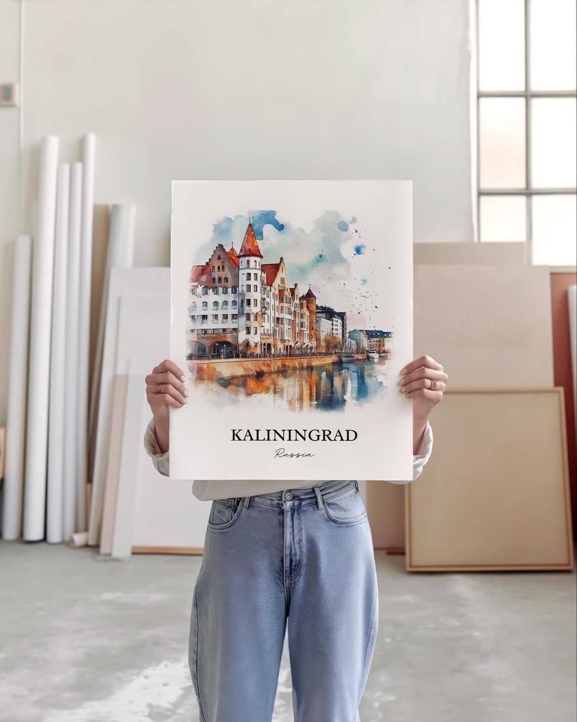 Kaliningrad Russia Watercolor Riverside Old Town Scene Poster - Image 4
