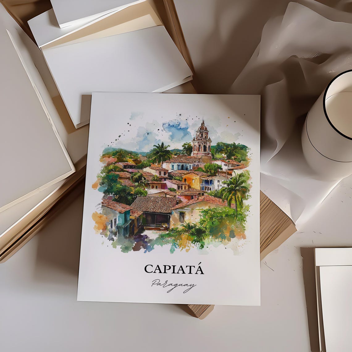 Capiata Paraguay Watercolor Hillside Town Church Scene Poster - Image 2