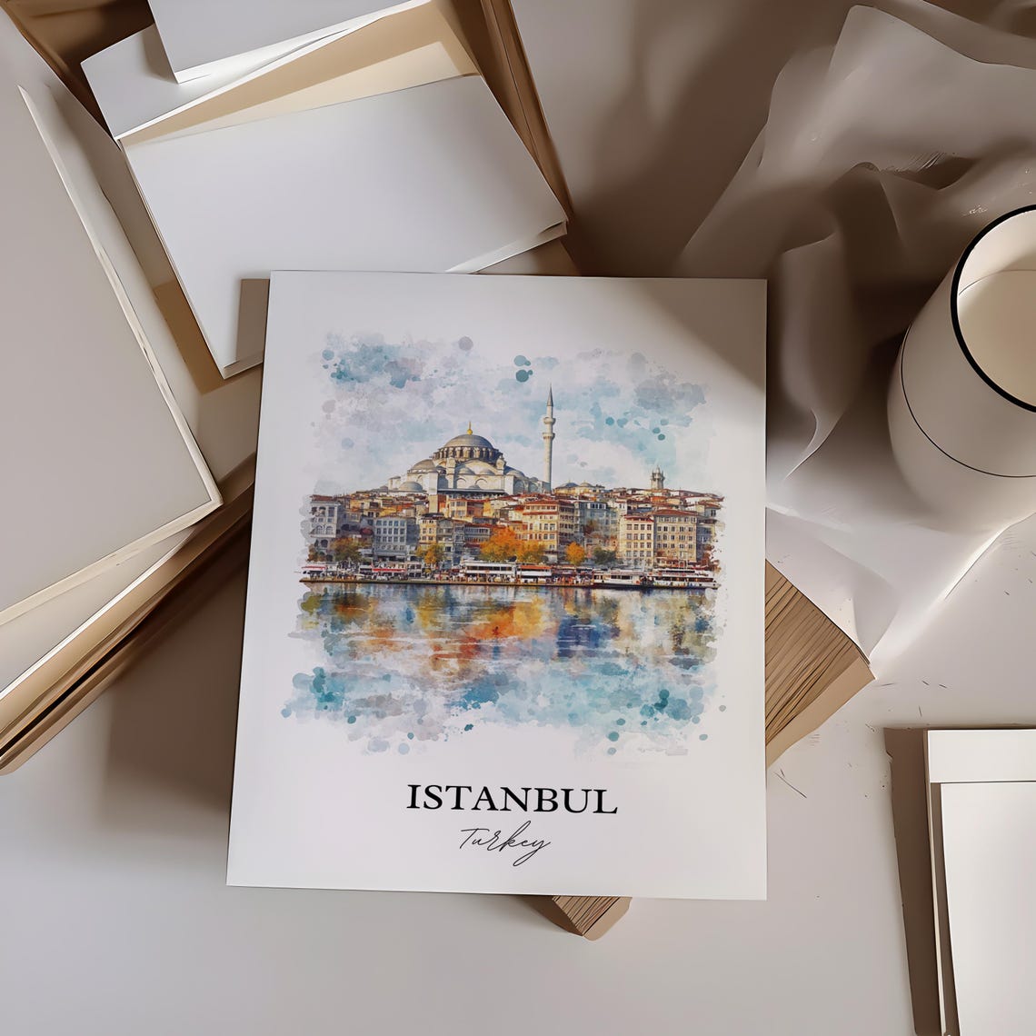 Istanbul Turkey Domed Mosque Waterfront Watercolor Travel Poster - Image 4