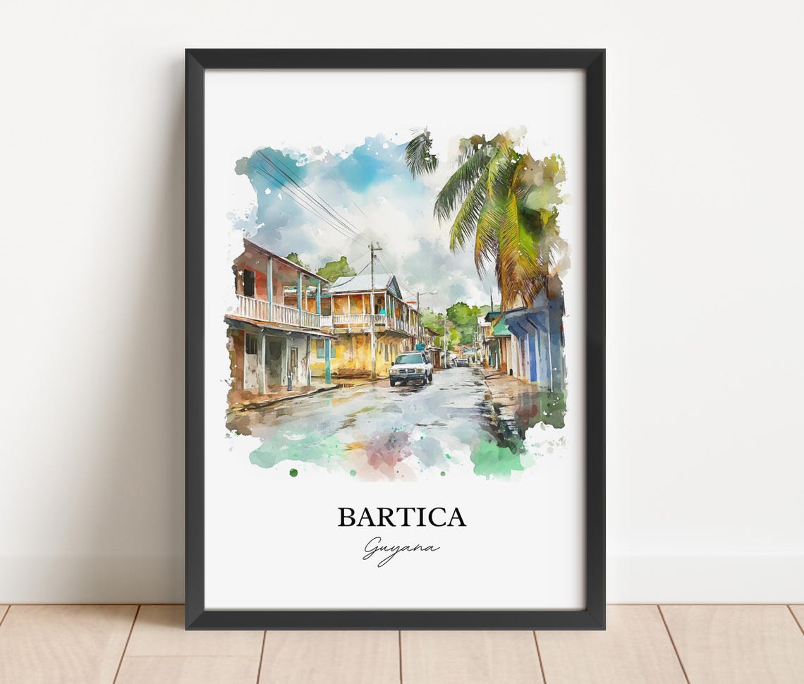 Bartica Guyana Watercolor Tropical Street Palm Houses Scenic Poster - Image 2