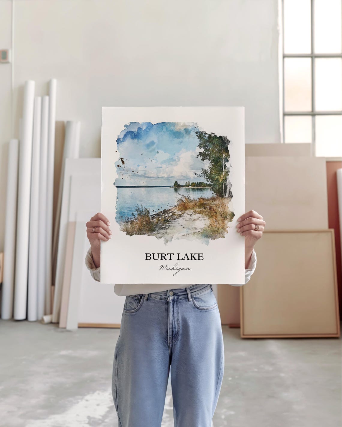 Burt Lake Michigan Peaceful Grassy Shore Path Calm Water Poster - Image 4