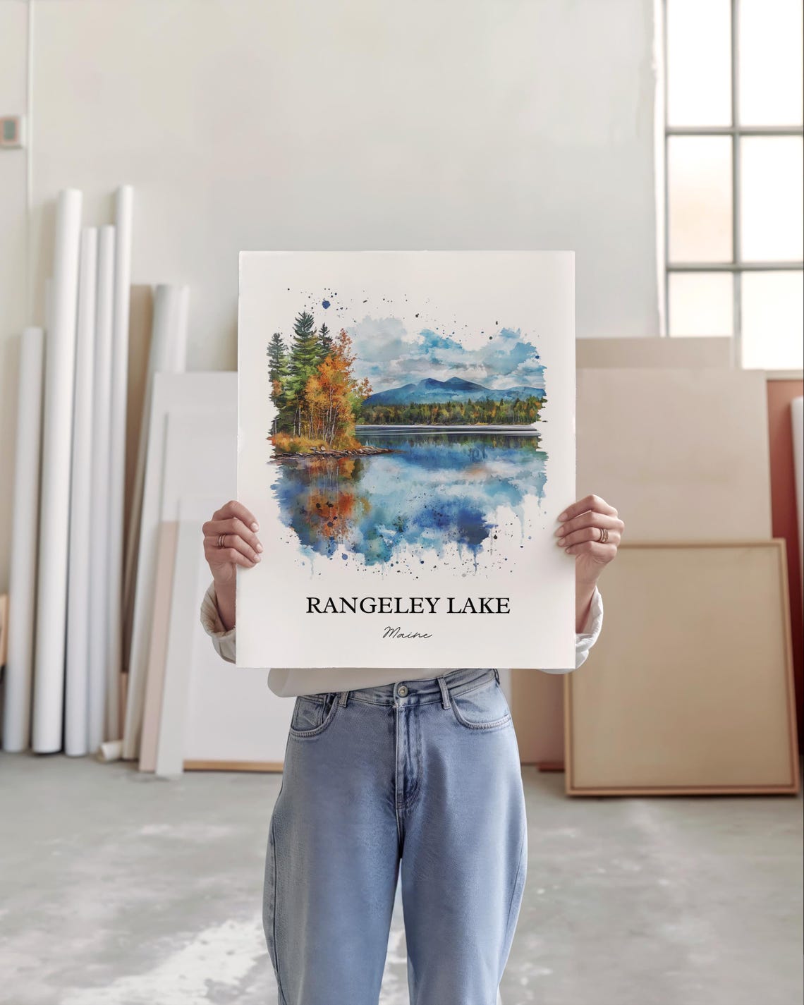 Rangeley Lake Maine Watercolor Fall Foliage Mountain Lake Poster - Image 4