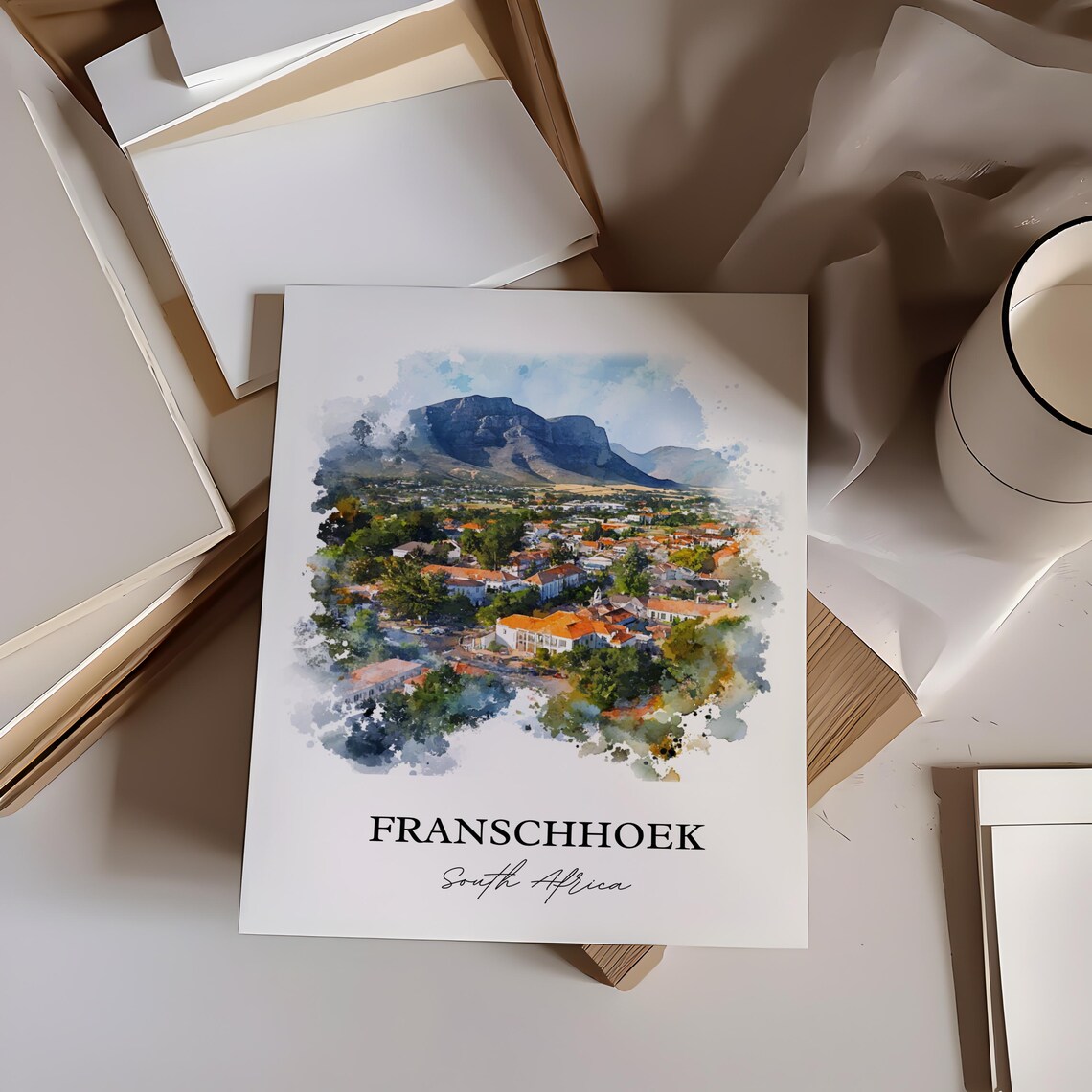 Franschhoek South Africa Mountain Valley Town Watercolor Poster - Image 3