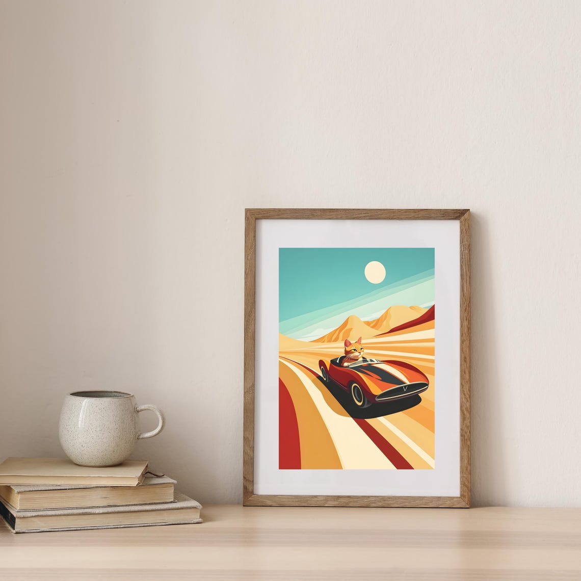 Orange Cat Driving Red Vintage Race Car on Desert Road Poster - Image 7