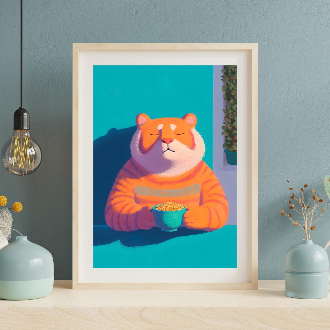 Cozy Orange Tiger in Knit Sweater Holding Bowl of Noodles Poster - Image 4