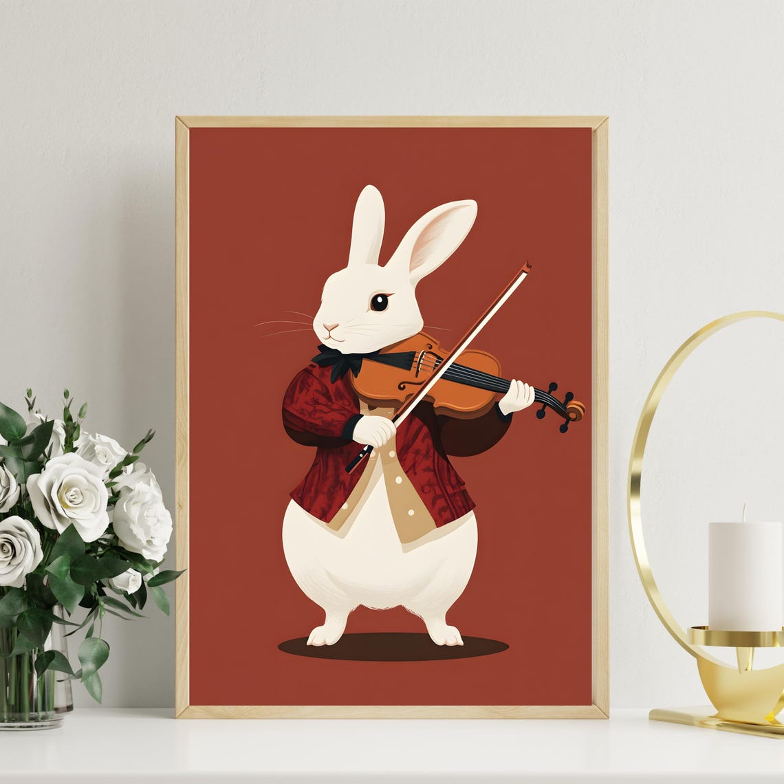 Elegant White Rabbit Playing a Violin in a Red Jacket Poster - Image 6