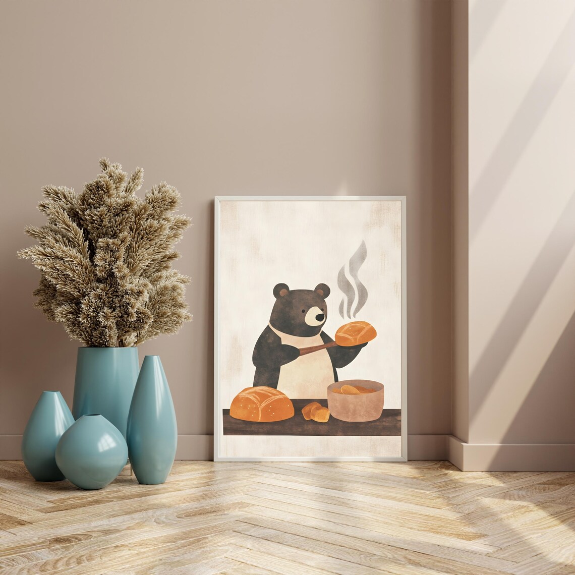 Jolly Black Bear Baker in a Cream Apron Presenting a Steaming Loaf Poster - Image 8
