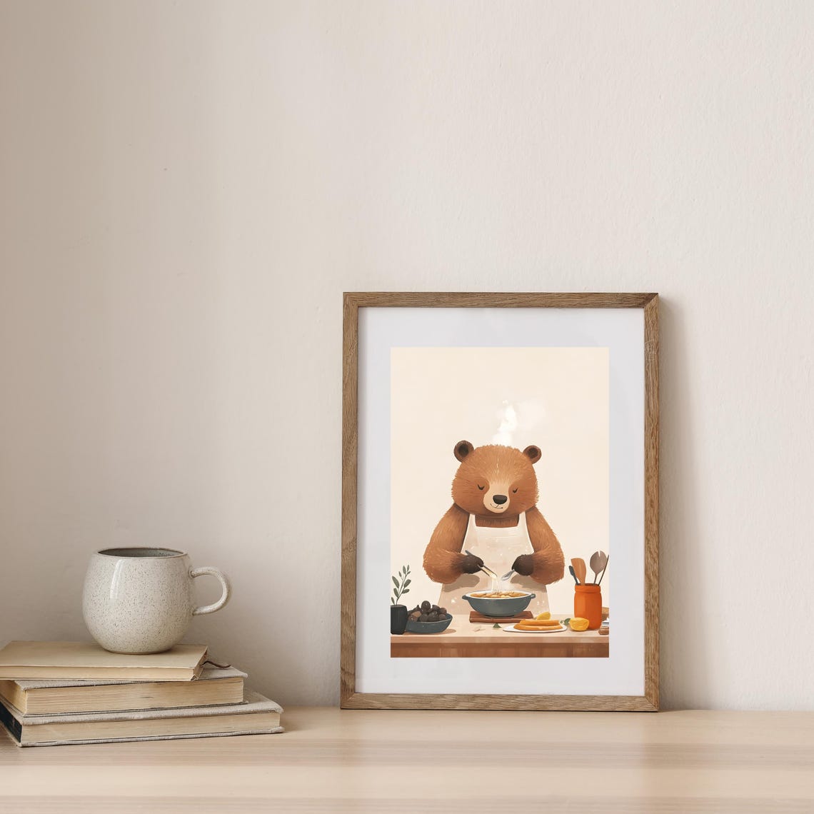 Cute Bear Chef Stirring Pasta in a White Apron in the Kitchen Poster - Image 7
