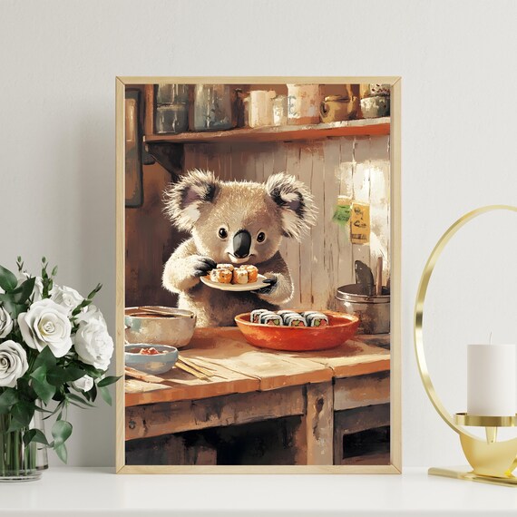 Adorable Koala Holding Sushi Plate in Rustic Wooden Kitchen Poster