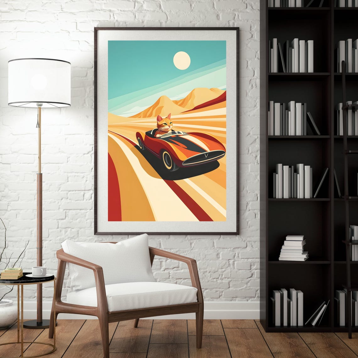Orange Cat Driving Red Vintage Race Car on Desert Road Poster - Image 5
