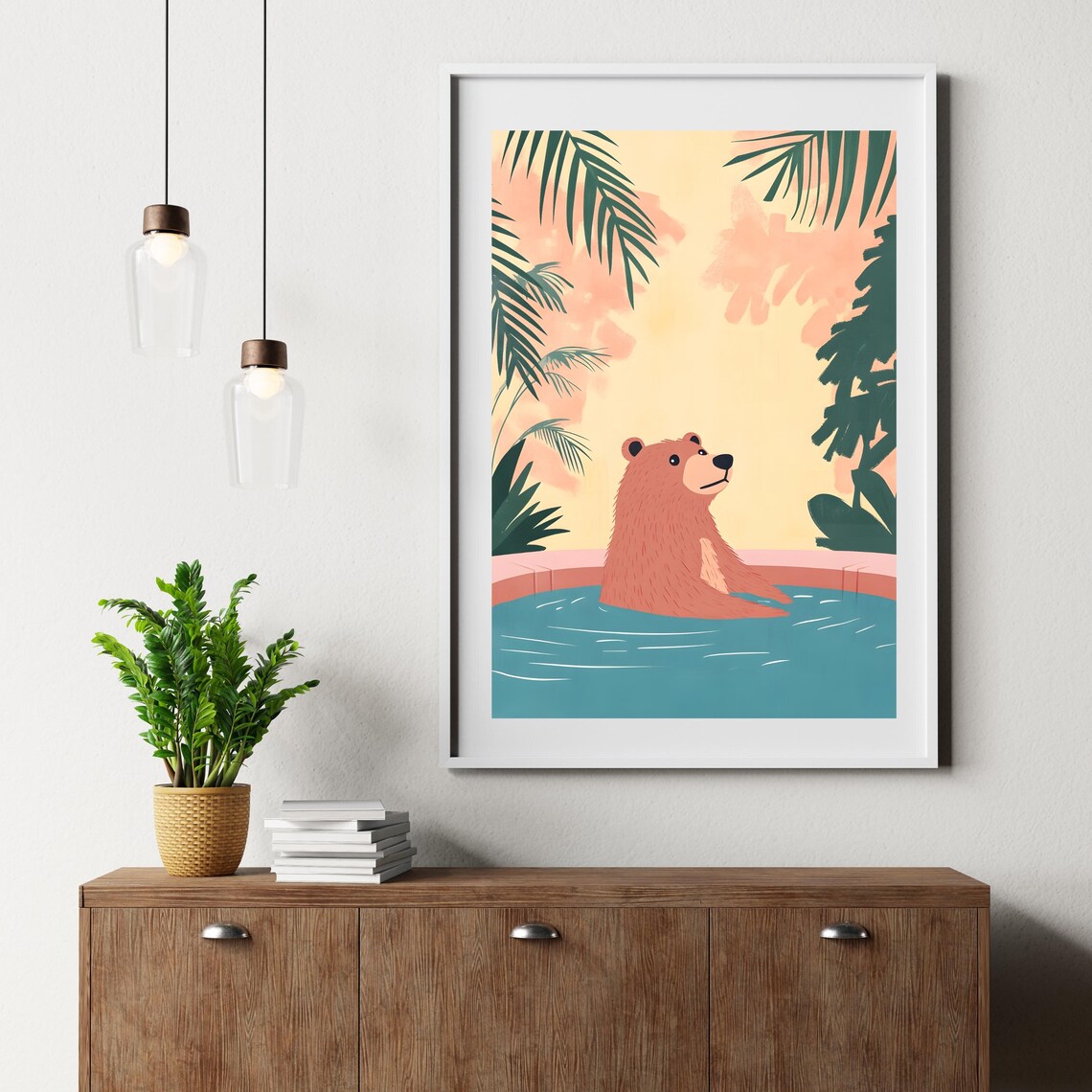 Smiling Brown Bear Floating in a Tropical Pool Under Pink Sunset Skies Poster - Image 6