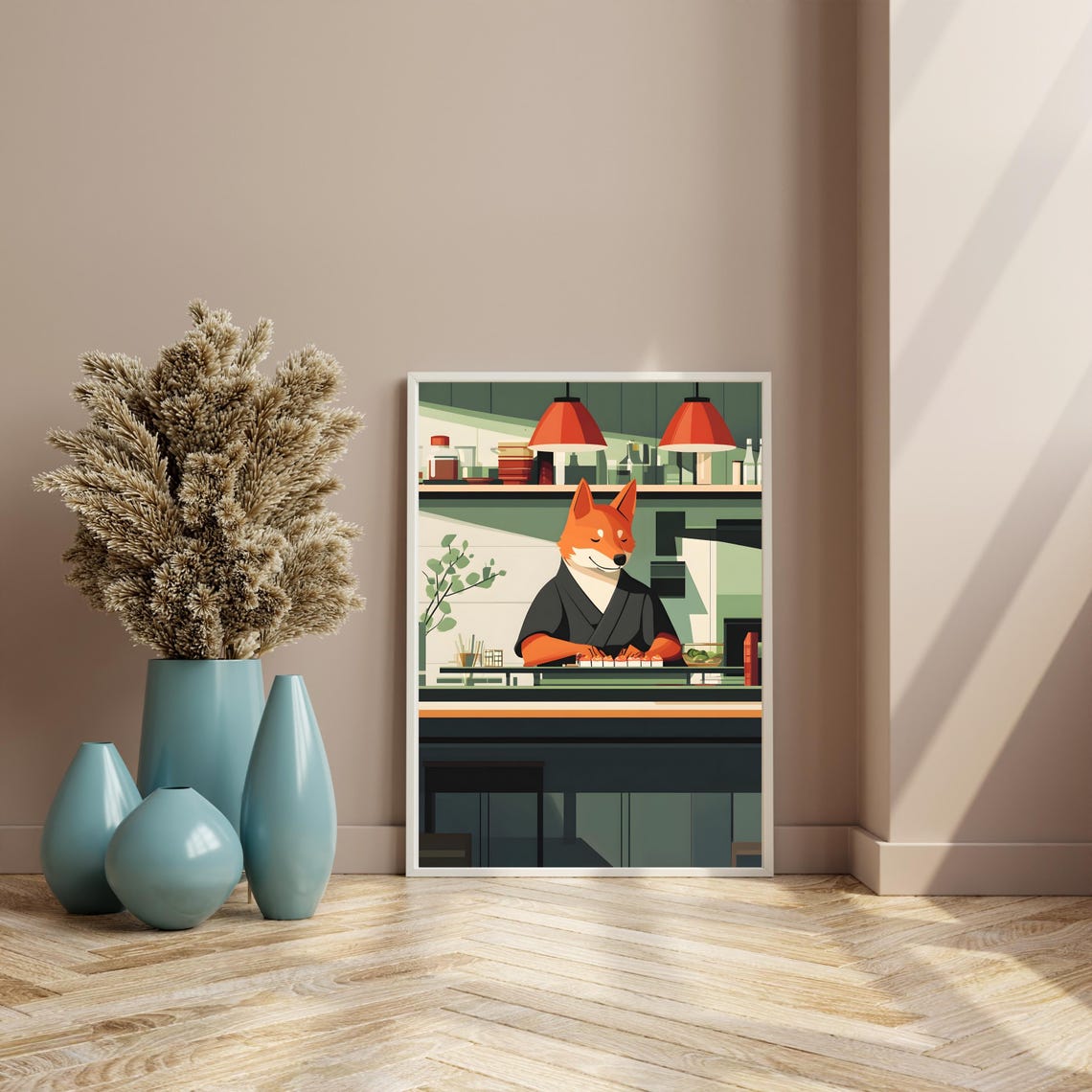 Smiling Fox Sushi Chef Working Behind the Sushi Counter Poster - Image 3