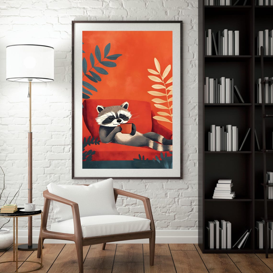 Sleepy Raccoon Lounging on a Red Sofa Holding a Coffee Cup Poster - Image 4