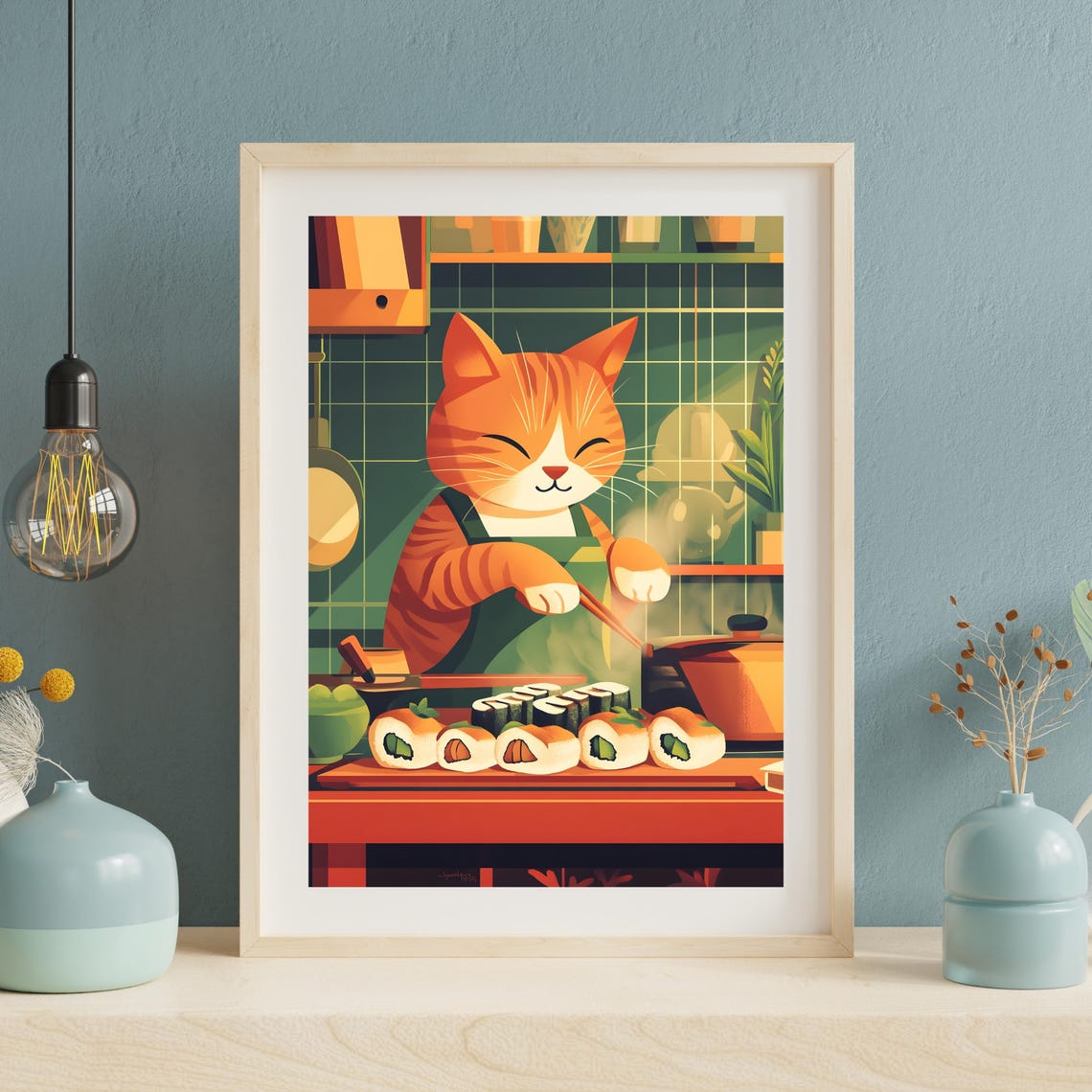 Ginger Cat Sushi Chef Rolling Sushi In A Cozy Kitchen Scene Poster