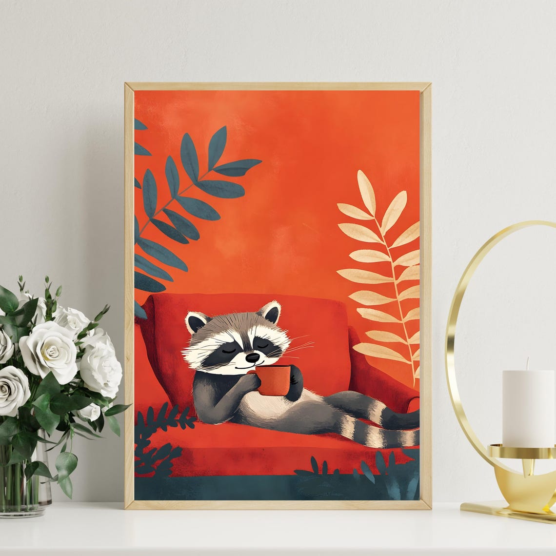 Sleepy Raccoon Lounging on a Red Sofa Holding a Coffee Cup Poster - Image 2
