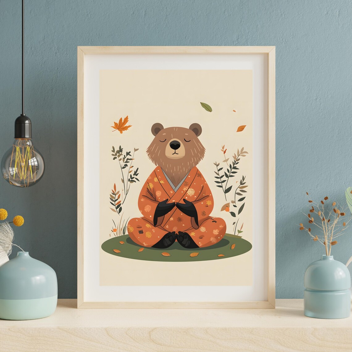 Meditating Bear in an Orange Kimono among Falling Autumn Leaves Poster