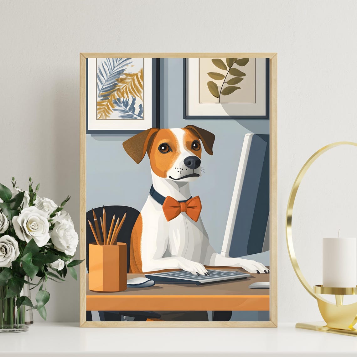Jack Russell Dog Working At A Computer Wearing A Bow Tie Poster - Image 4
