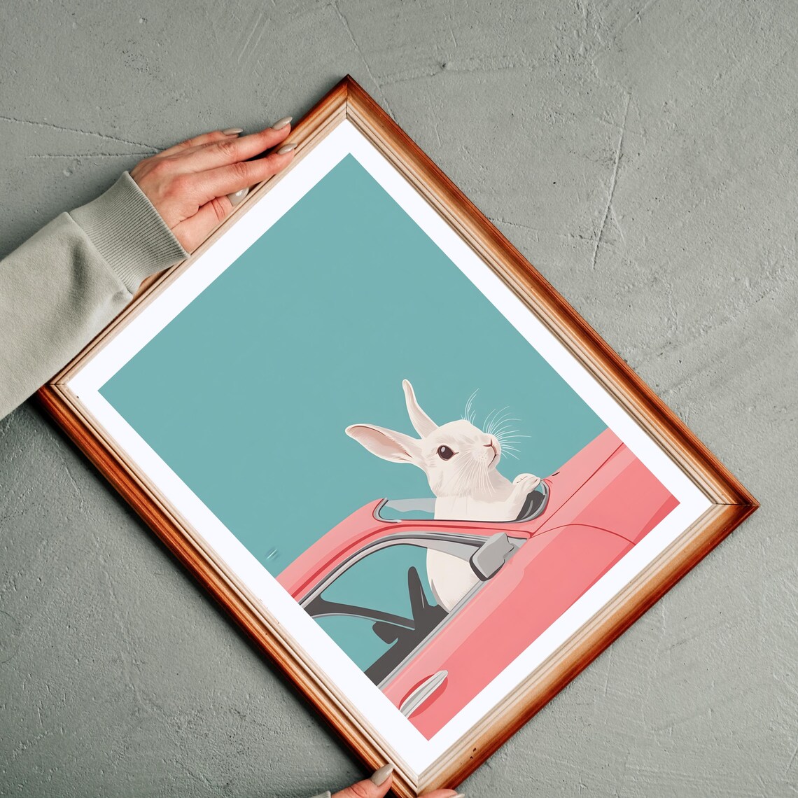 Rabbit Driving Retro Pink Car Cute Funny Animal Nursery Art Poster - Image 6