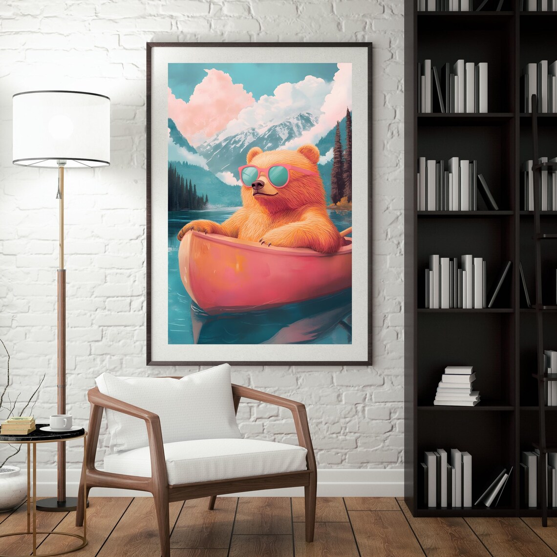 Relaxed Orange Bear in Pink Sunglasses Drifting in a Pink Canoe on a Lake Poster - Image 3