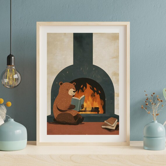 Cozy Brown Bear Reading a Book by a Crackling Fireplace Poster
