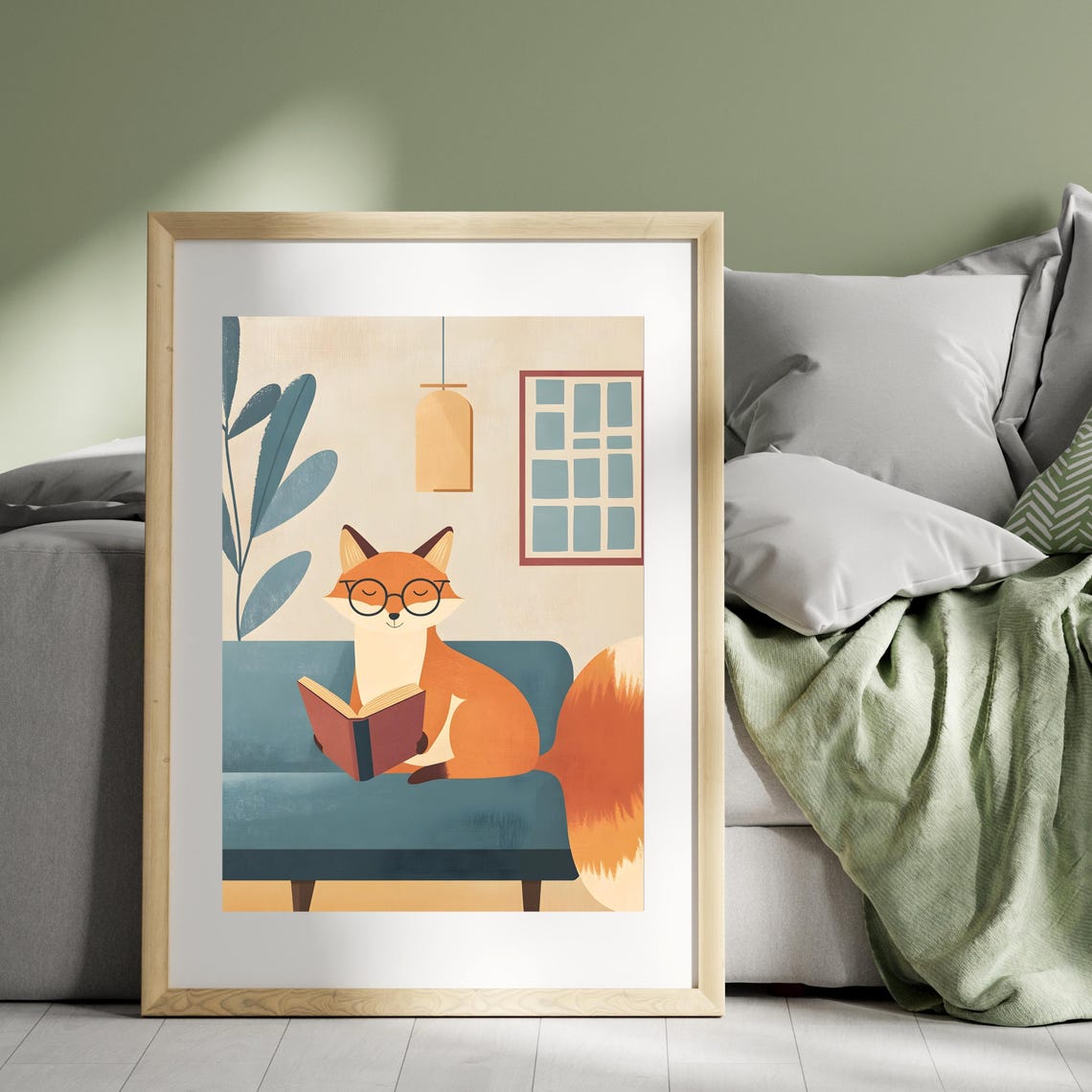 Cozy Fox Reading Book on Teal Sofa Minimalist Illustration Poster - Image 2