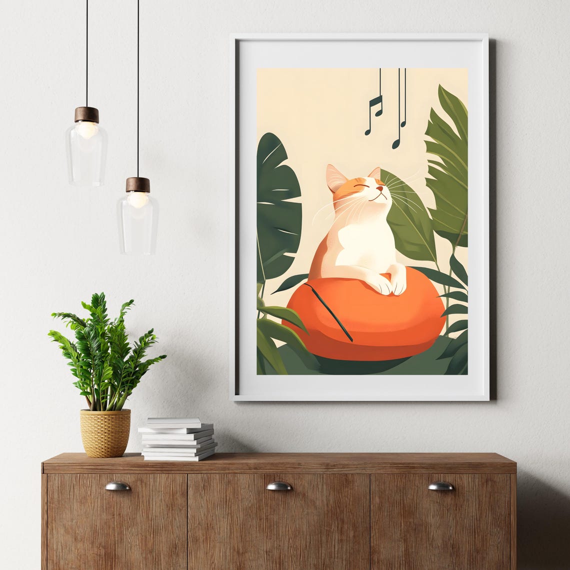 Happy White Cat on an Orange Pouf among Tropical Leaves Poster - Image 6