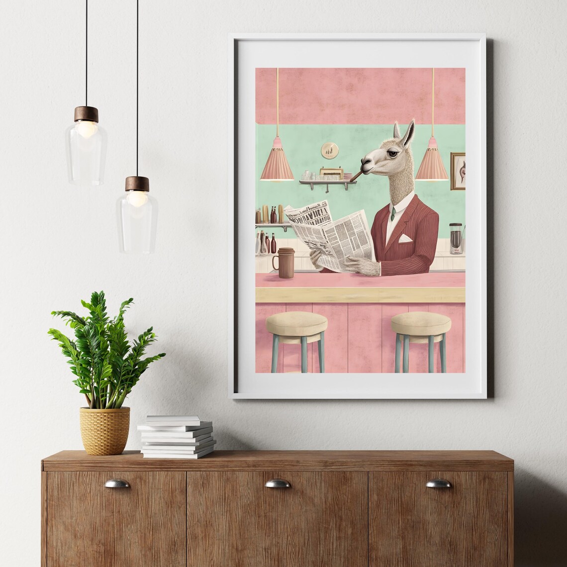 Dapper Llama in a Pinstripe Suit Reading the Newspaper at a Retro Cafe Poster - Image 4