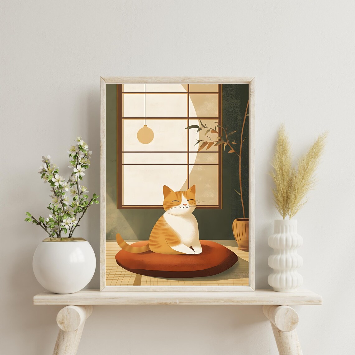 Peaceful Orange Cat Meditating on a Red Cushion Beneath the Moon Poster - Image 3
