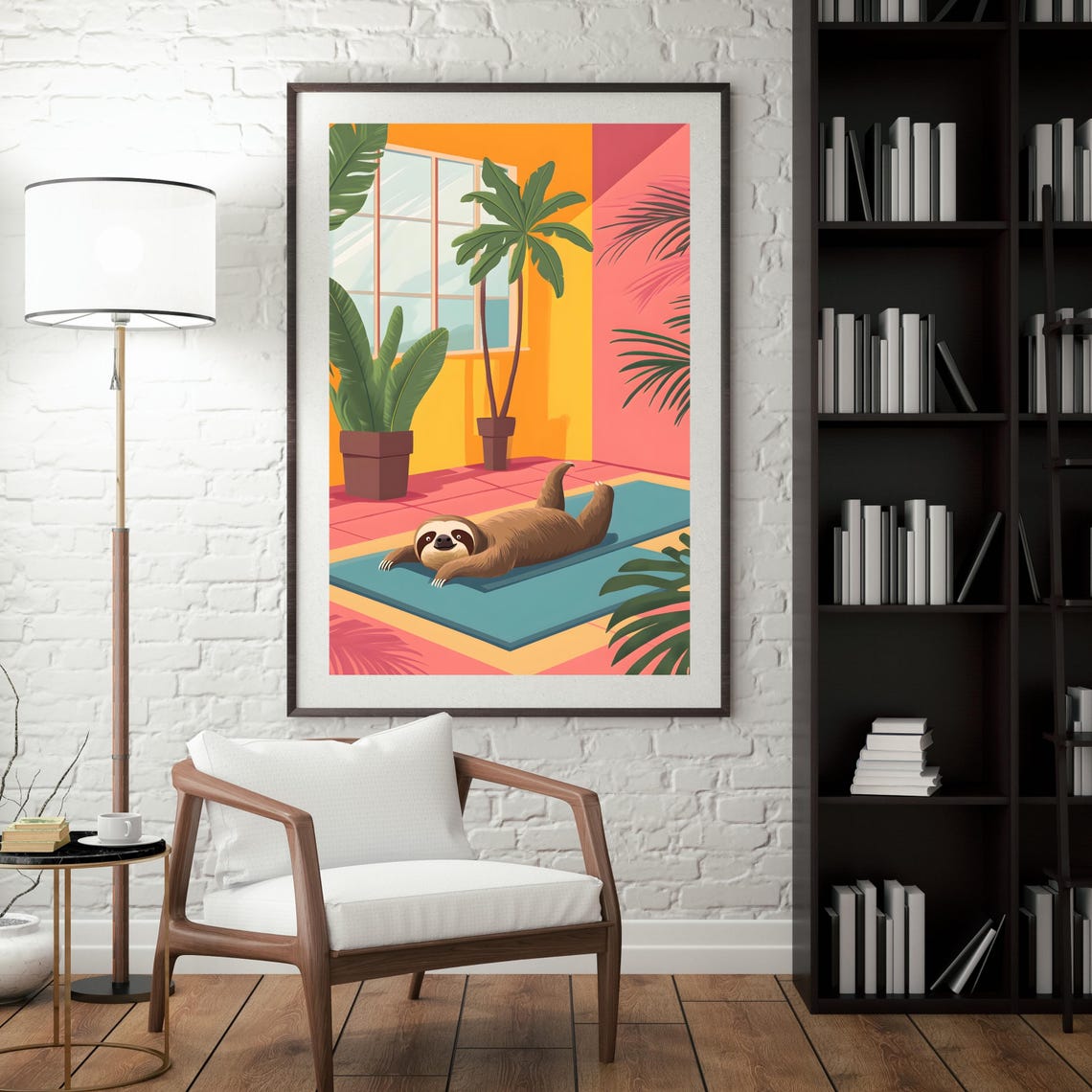 Sloth Doing Yoga on a Blue Mat in a Colorful Tropical Room Poster - Image 5